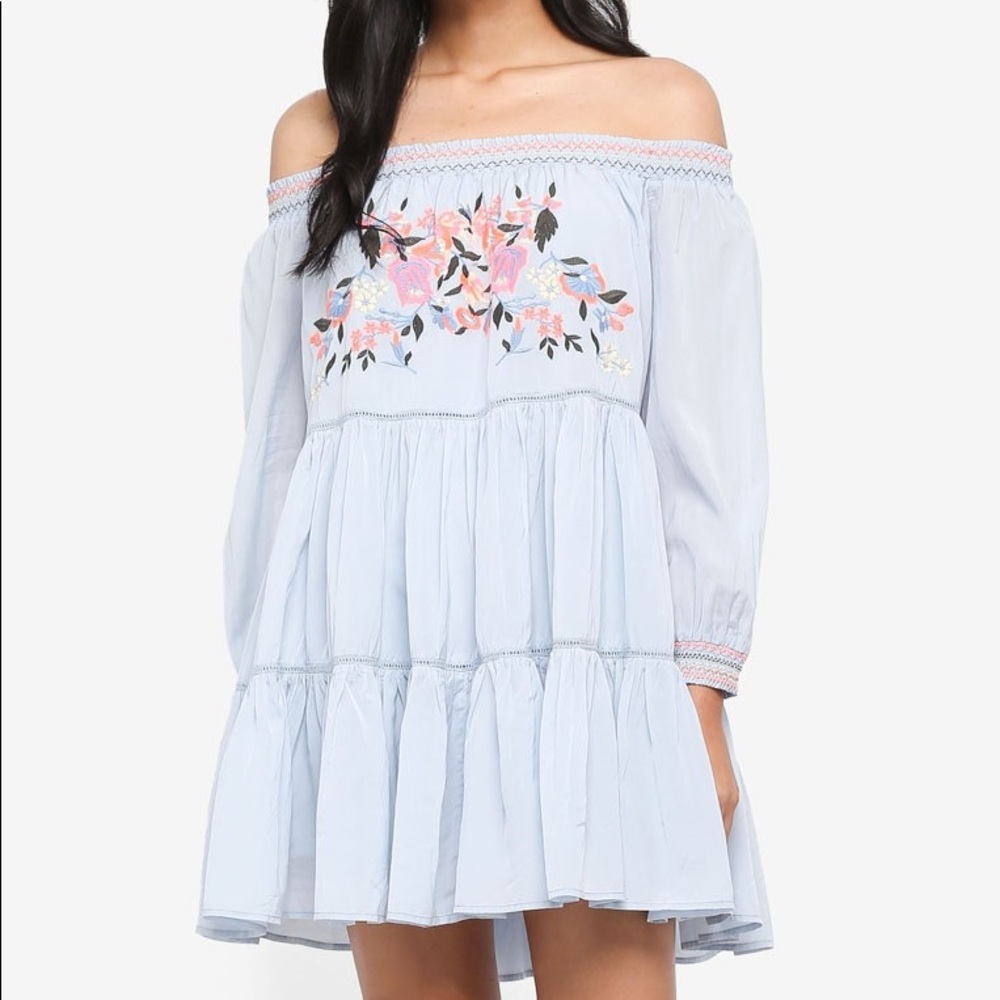 Free People Sunbeams Mini Dress Off Shoulder Blue